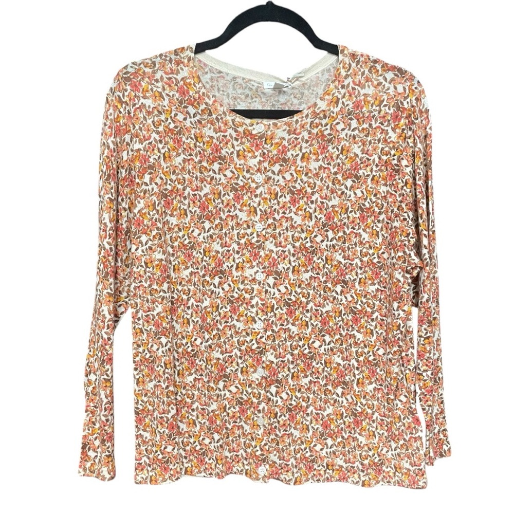 Garnet Hill Floral Long-Sleeve Top in Cream, Orange, Pink